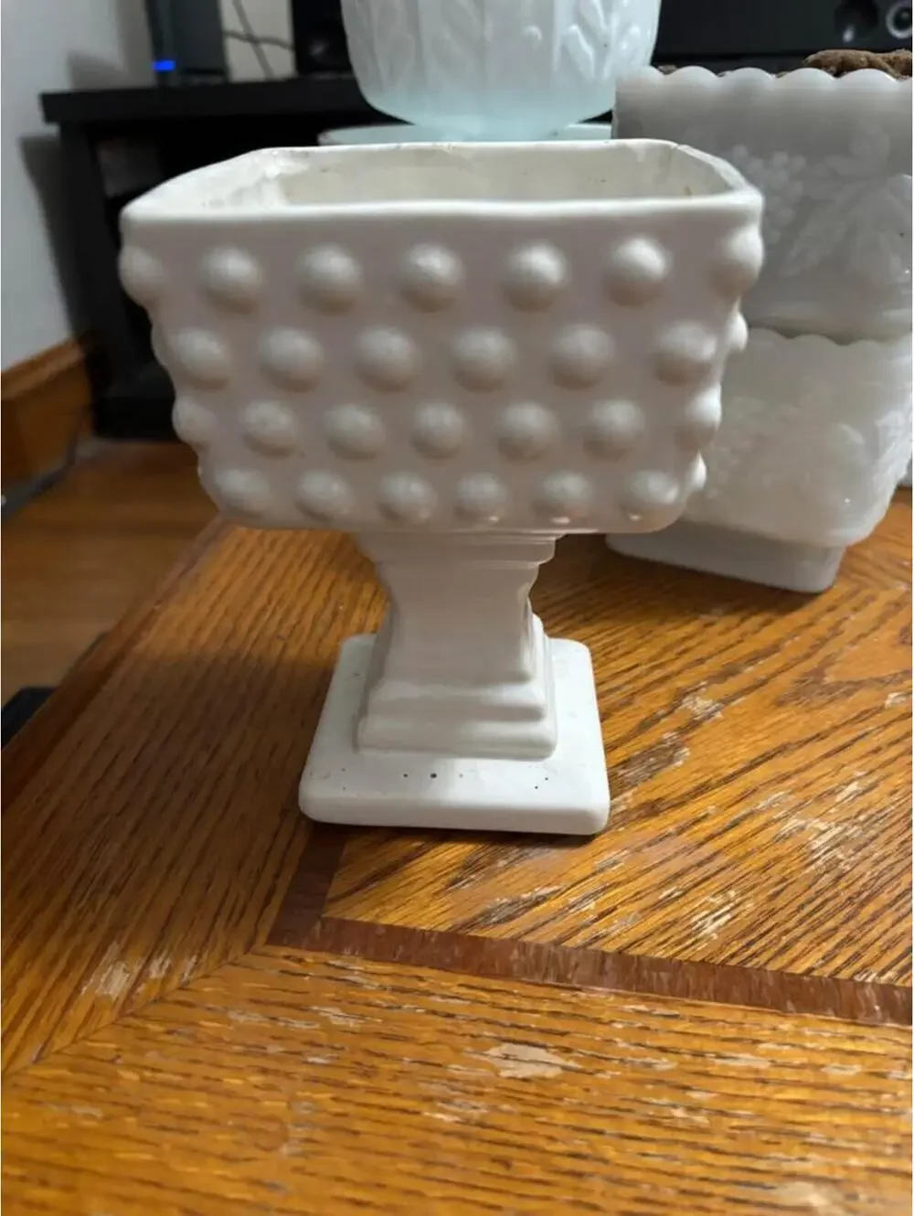 White Hobnail Square Milk Glass Planter Vase
